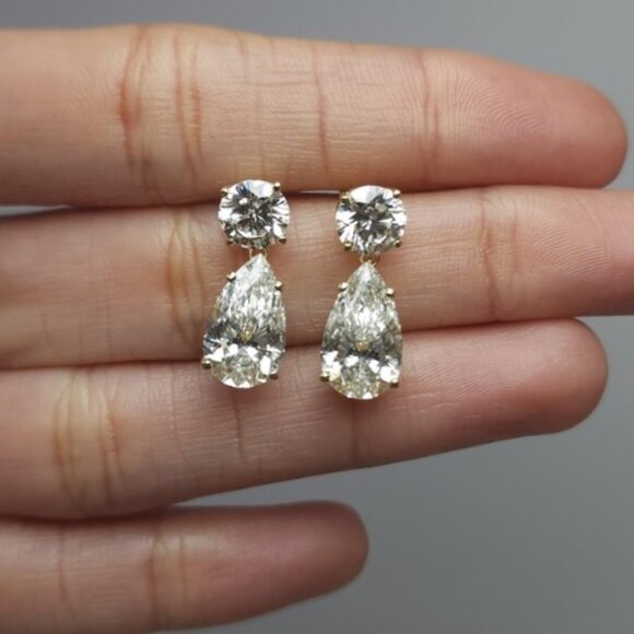 14Kt Gold 6 Ct 2 Stone Pear & Round Earrings Lab Grown Diamond Studs - Picture 3 of 4